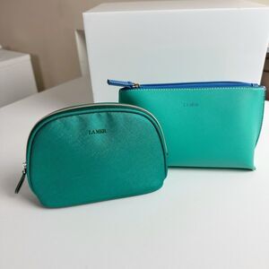 La Mer Cosmetic Makeup Bags Set of 2 Blue Green Zip Top Closure